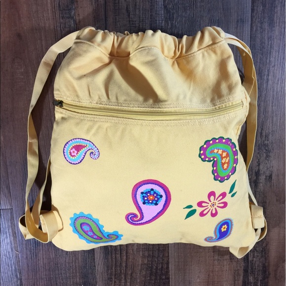 Drawstring Backpack in Yellow with Painted Paisley - Picture 2 of 4