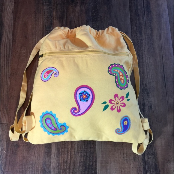 Drawstring Backpack in Yellow with Painted Paisley - Picture 4 of 4