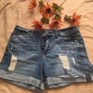 Light Blue Distressed Denim Jeans Shorts.