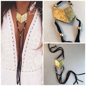 Bohemian  Gypsy Boho Suede Antique Gold Necklace