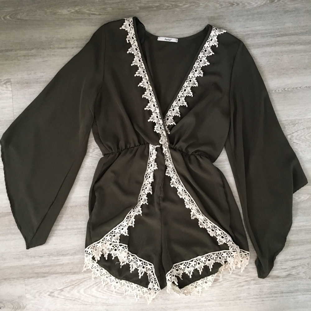 Bell Sleeve Green Romper With Lace