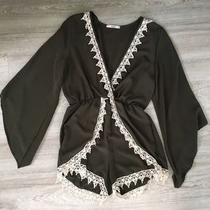 Bell Sleeve Green Romper With Lace