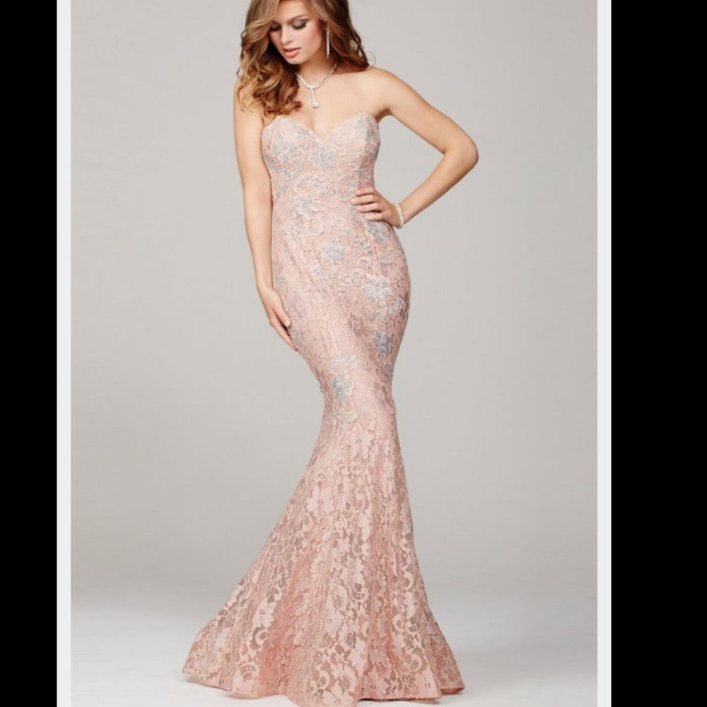 Pink Jovani Beaded lace mermaid evening gown