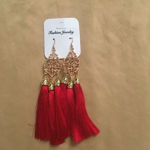 Alloy Engraved Tassel Drop Earrings-Red