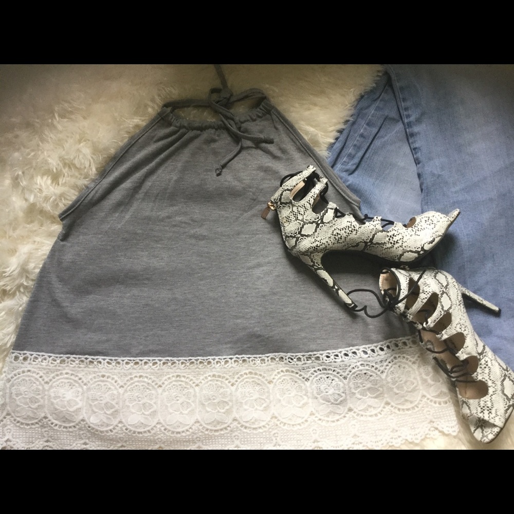 GRAY COLOR BOHO HALTER TOP WITH CROCHET TRIM - Picture 3 of 8