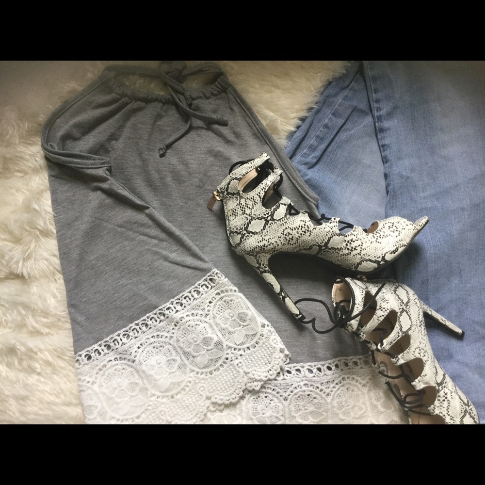 GRAY COLOR BOHO HALTER TOP WITH CROCHET TRIM - Picture 4 of 8