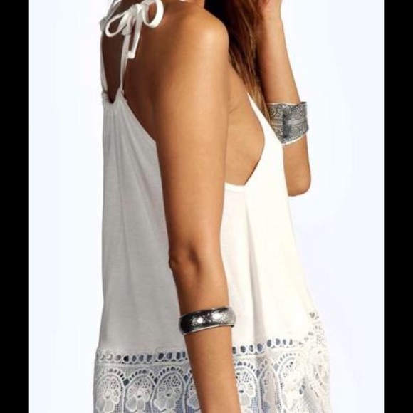 GRAY COLOR BOHO HALTER TOP WITH CROCHET TRIM  - Picture 2 of 8