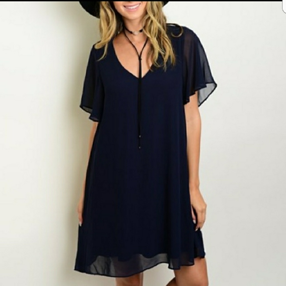 Navy blue chiffon boho dress