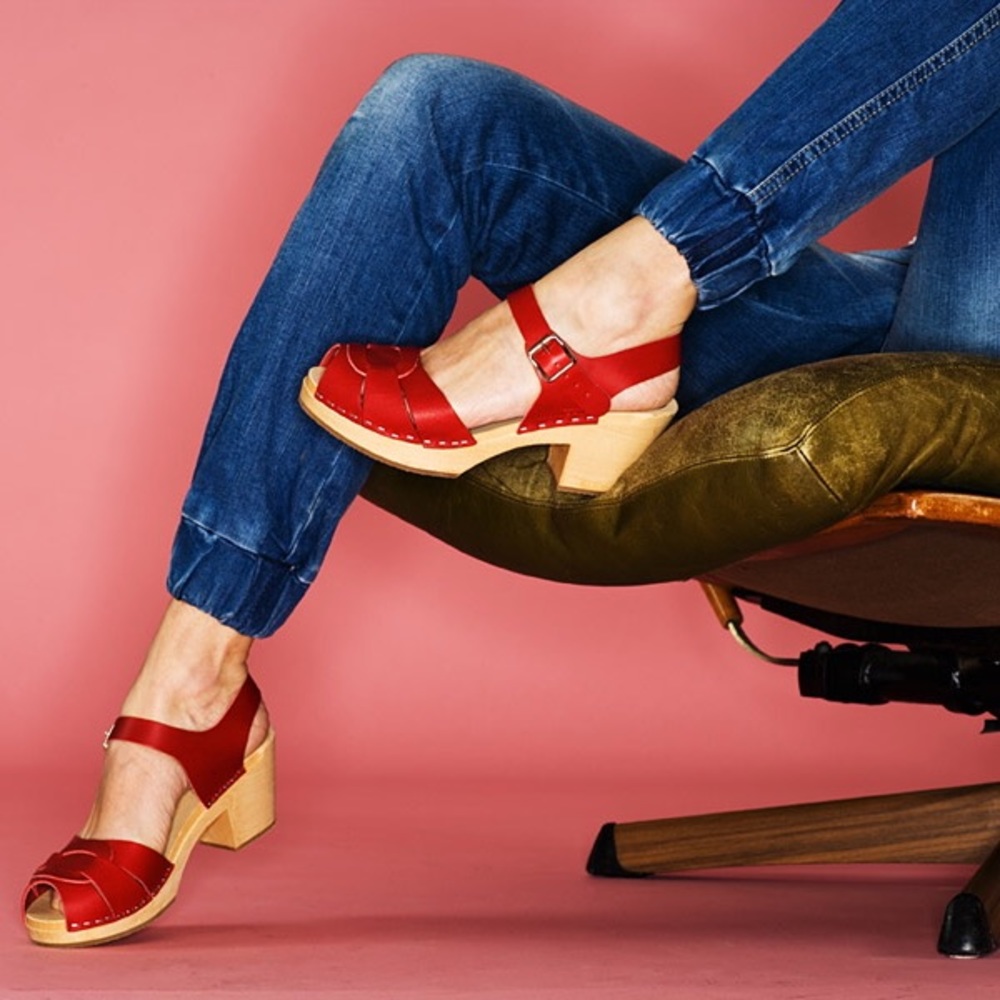 Swedish hasbeens peep toe super high red clog