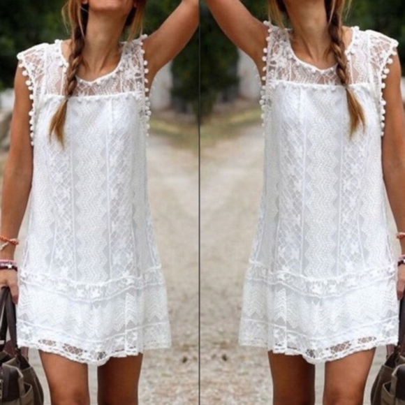 Boho Sleeveless White Lace Mini Beach Dress - Picture 3 of 7