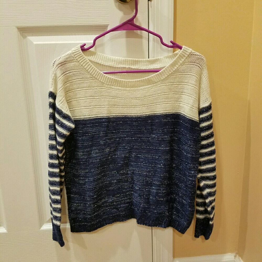 Gorgeous navy blue and cream silver accent sweater