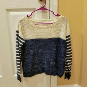 Gorgeous navy blue and cream silver accent sweater