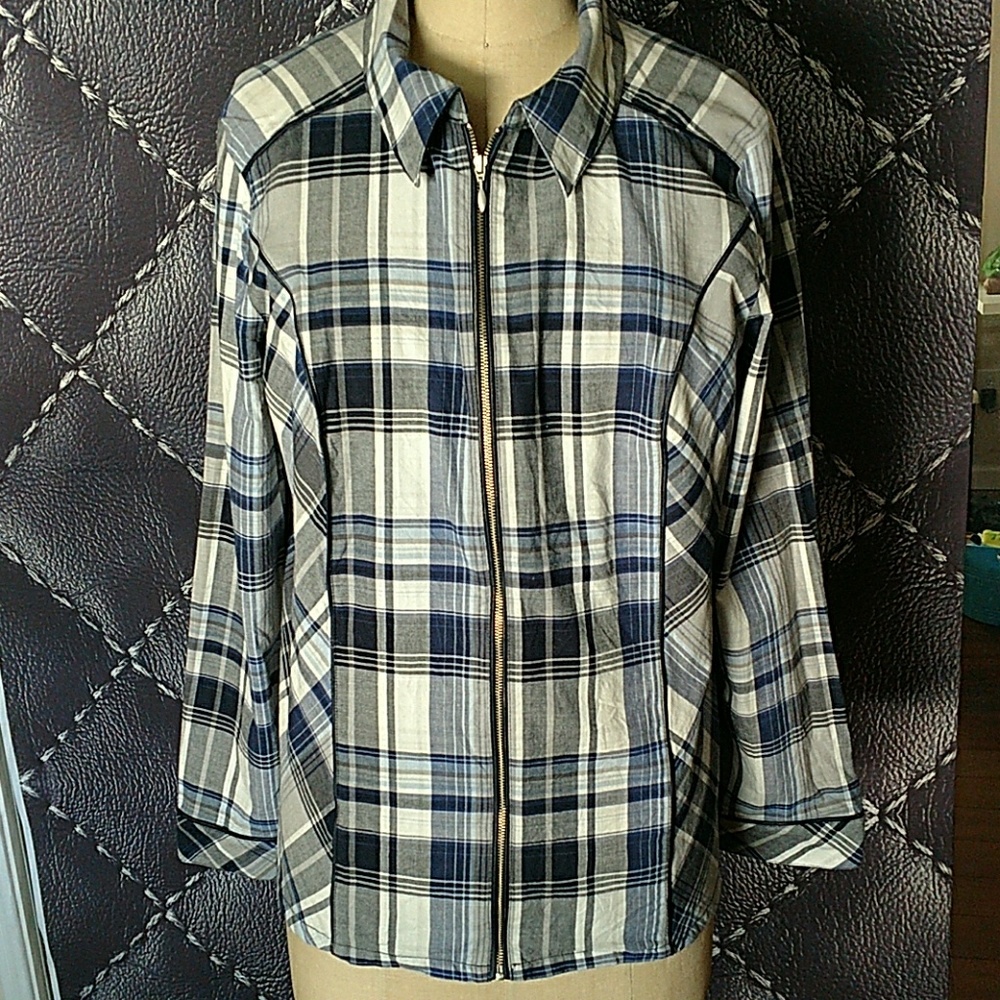 Christopher Banks blue plaid zip-front jacket.