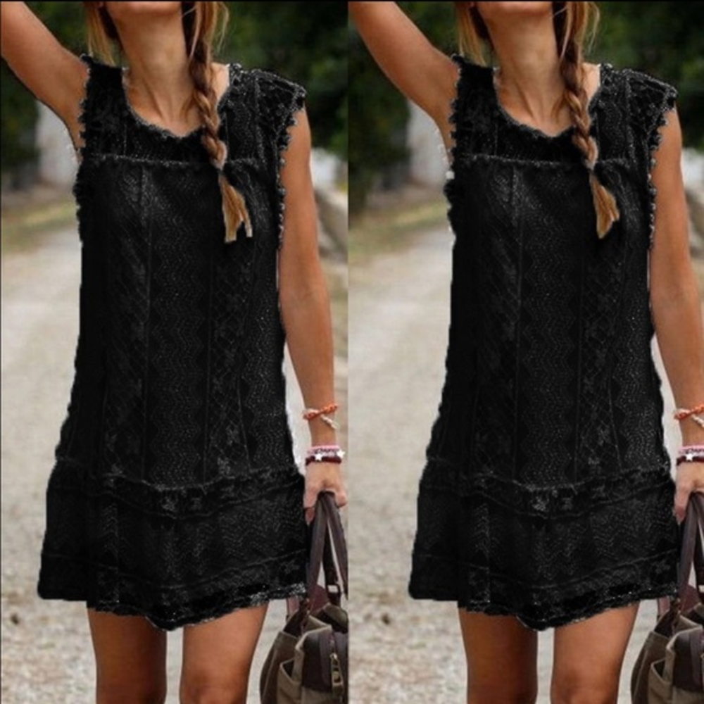 Boho Sleeveless Black Mini Dress NWT