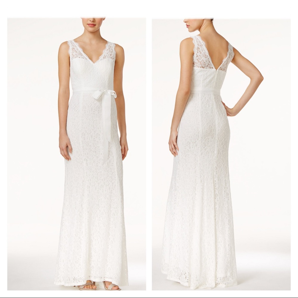 Adriana Papell Lace V-Neck Sash Gown