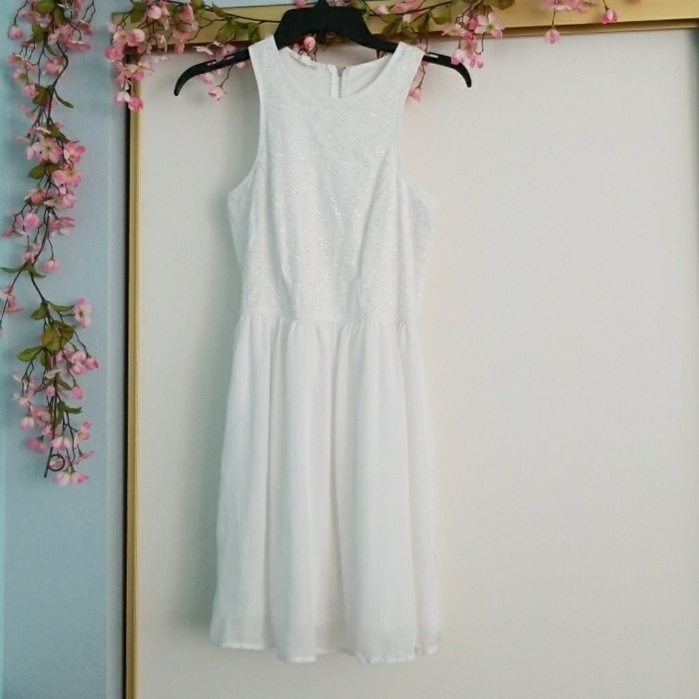 Macy's White Embroidered Zippered Racerback Dress