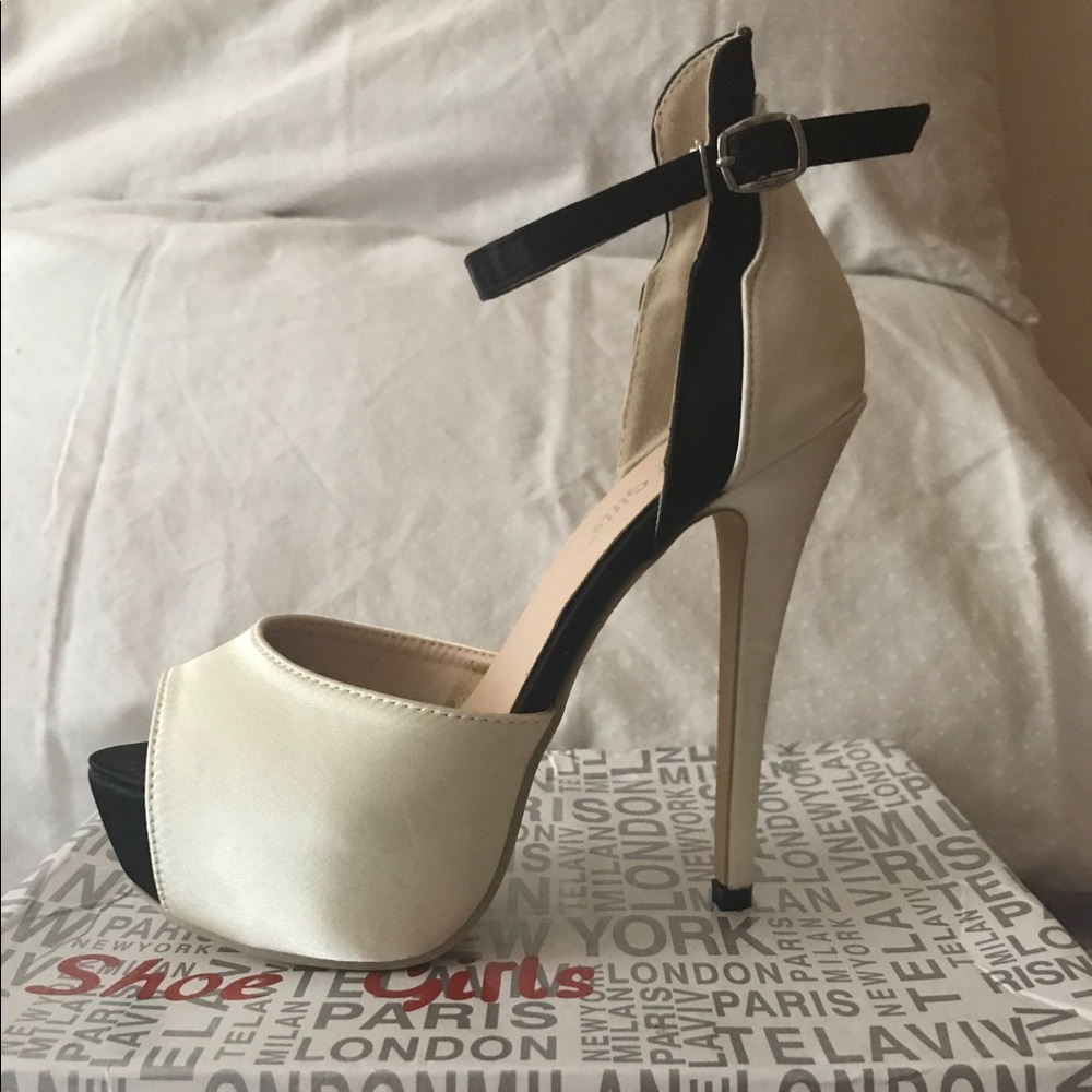 Off white and black peep toe ankle strap heels