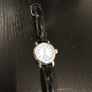 Blue Face Michele Watch with Black Leather Band
