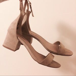 Nude open toe block heels