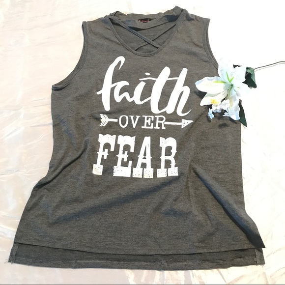 Faith Over Fear Criss Cross Choker Graphic Tee Top - Picture 3 of 4