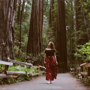 Red floral maxi slit skirt