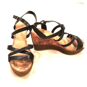 Black strappy cork wedge sandal