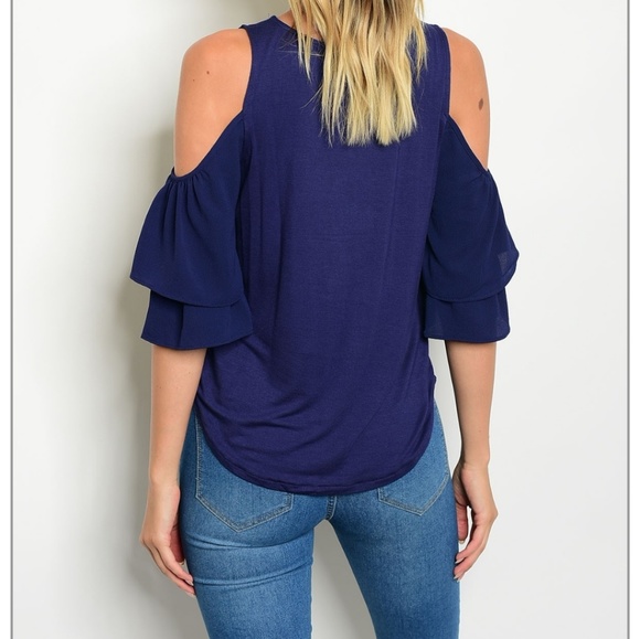 Cold shoulder ruffle Navy blouse - Picture 3 of 3
