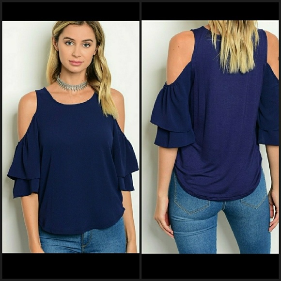 Cold shoulder ruffle Navy blouse - Picture 2 of 3