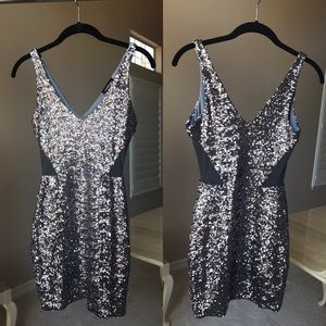 Bebe Silver Sequin Dress with Mesh Sides