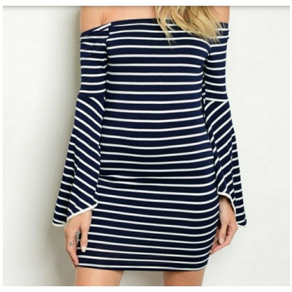 Dress - Navy & Ivory Off Shoulder - Picture 3 of 7