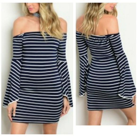Dress - Navy & Ivory Off Shoulder - Picture 7 of 7