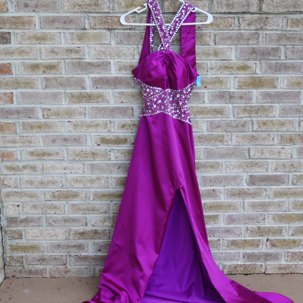 Purple glam backless prom dress