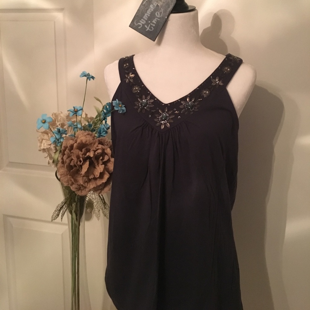 SOLD Really soft beaded navy blue top