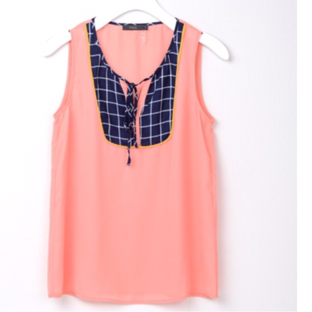 Coral navy tie print top