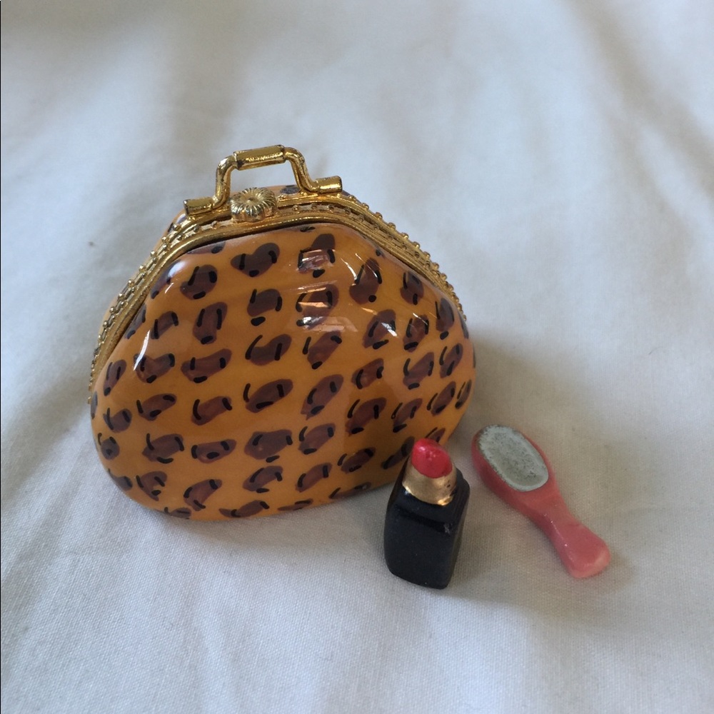 Miniature ceramic purse w/lipstick & hand mirror