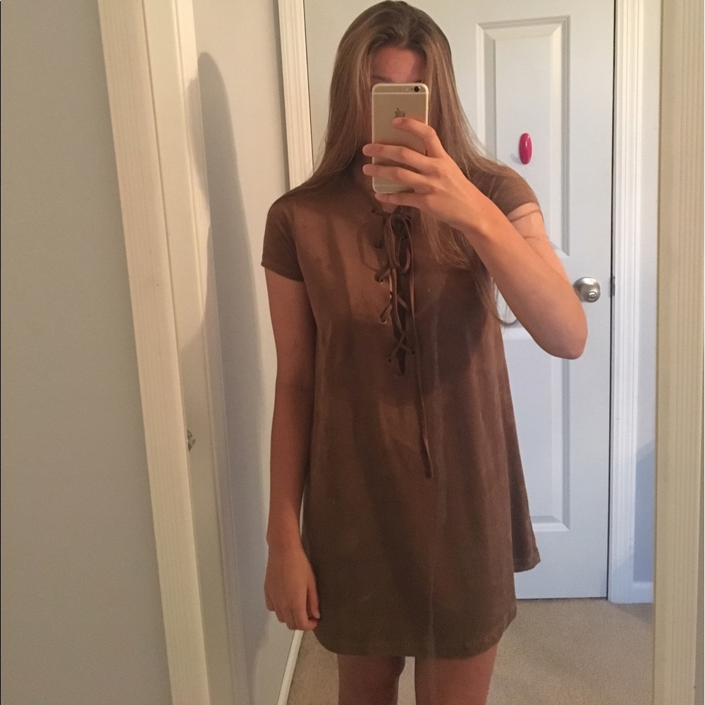 Brown suede front lace up dress