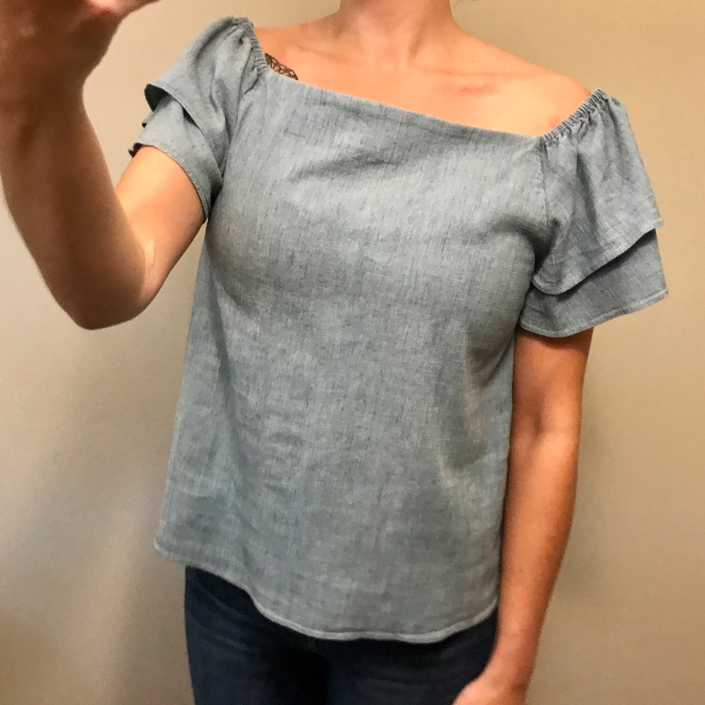Alice & Olivia Loryn Chambray Off-the-Shoulder Top
