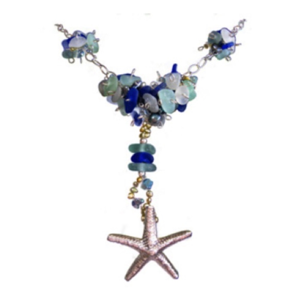 Sea glass sterling silver starfish necklace