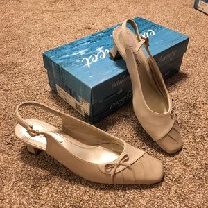Beige small heels with straps size 8W