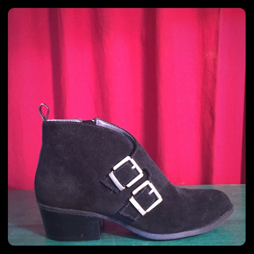 Black suede booties.