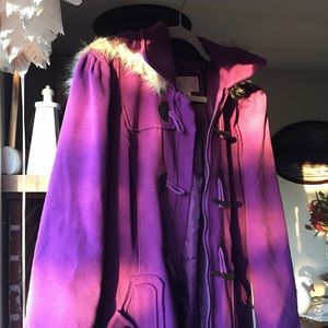 purple hooded toggle coat