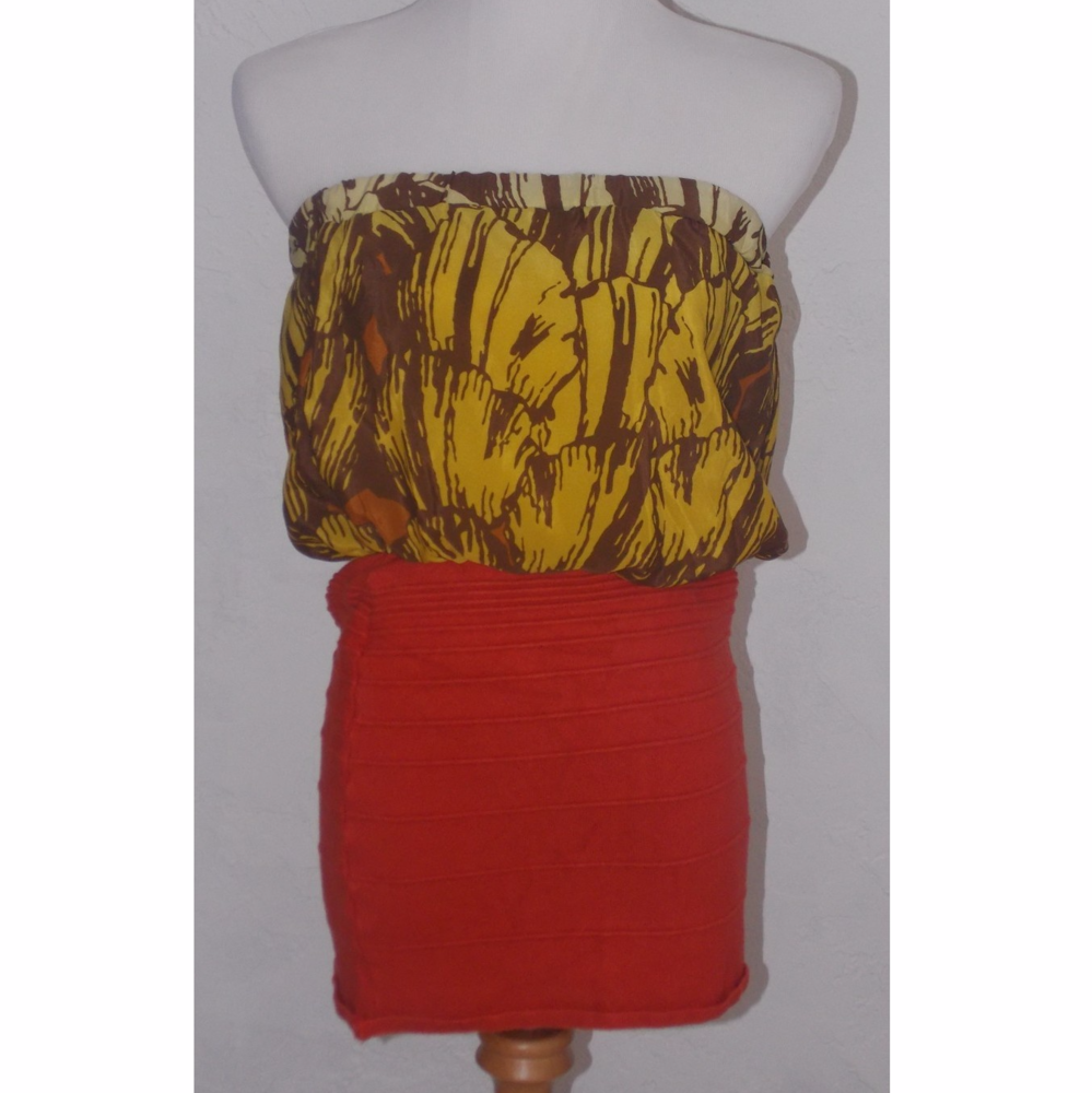 2b Bebe Orange Combo Large Mini Dress Strapless