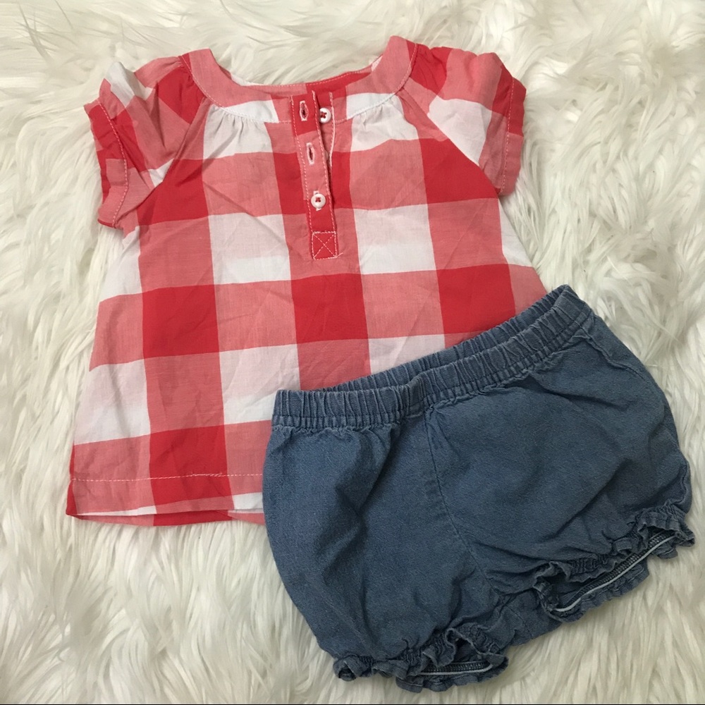 Plaid top and jean short set 3 months.