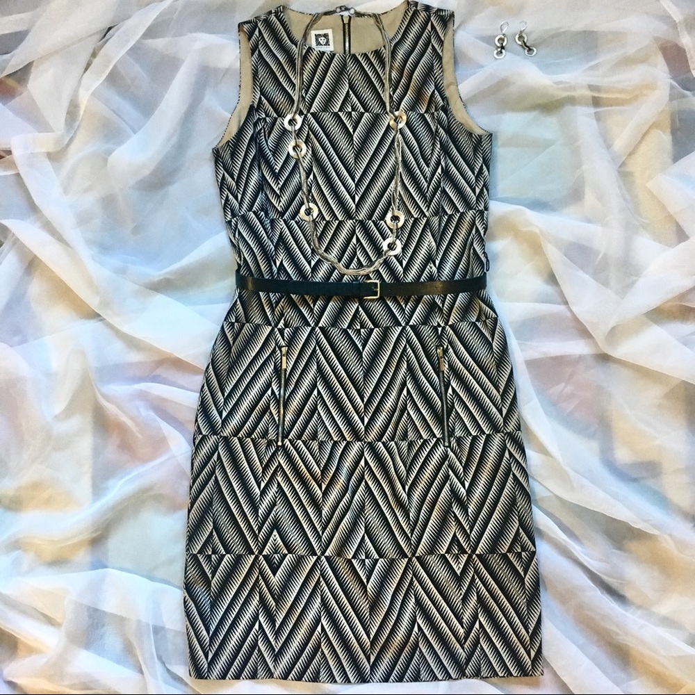 ANNE KLEIN Black & Tan Print Sheath Dress w/Belt
