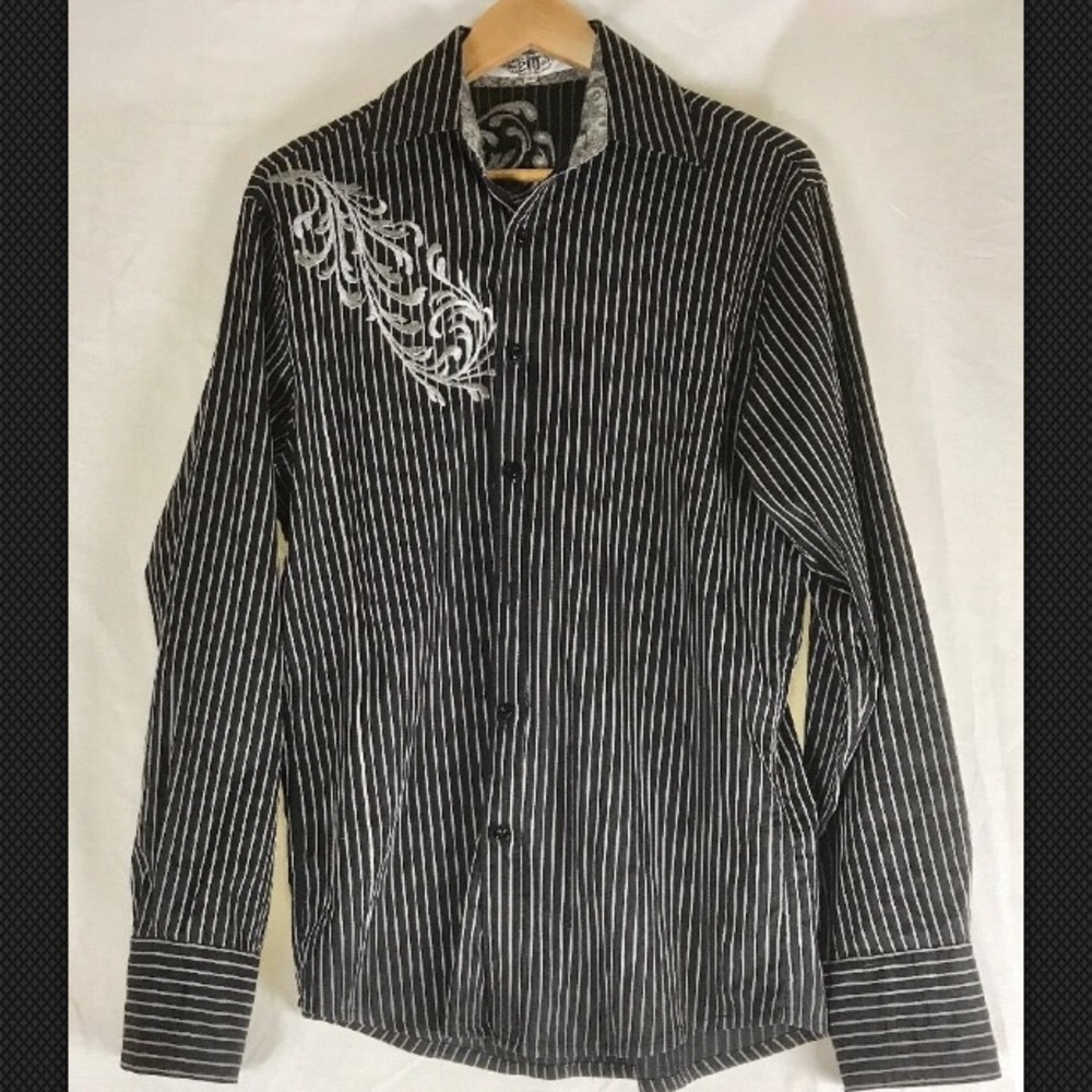 210 Men's Button Down Black/Gray Striped shirt. LG