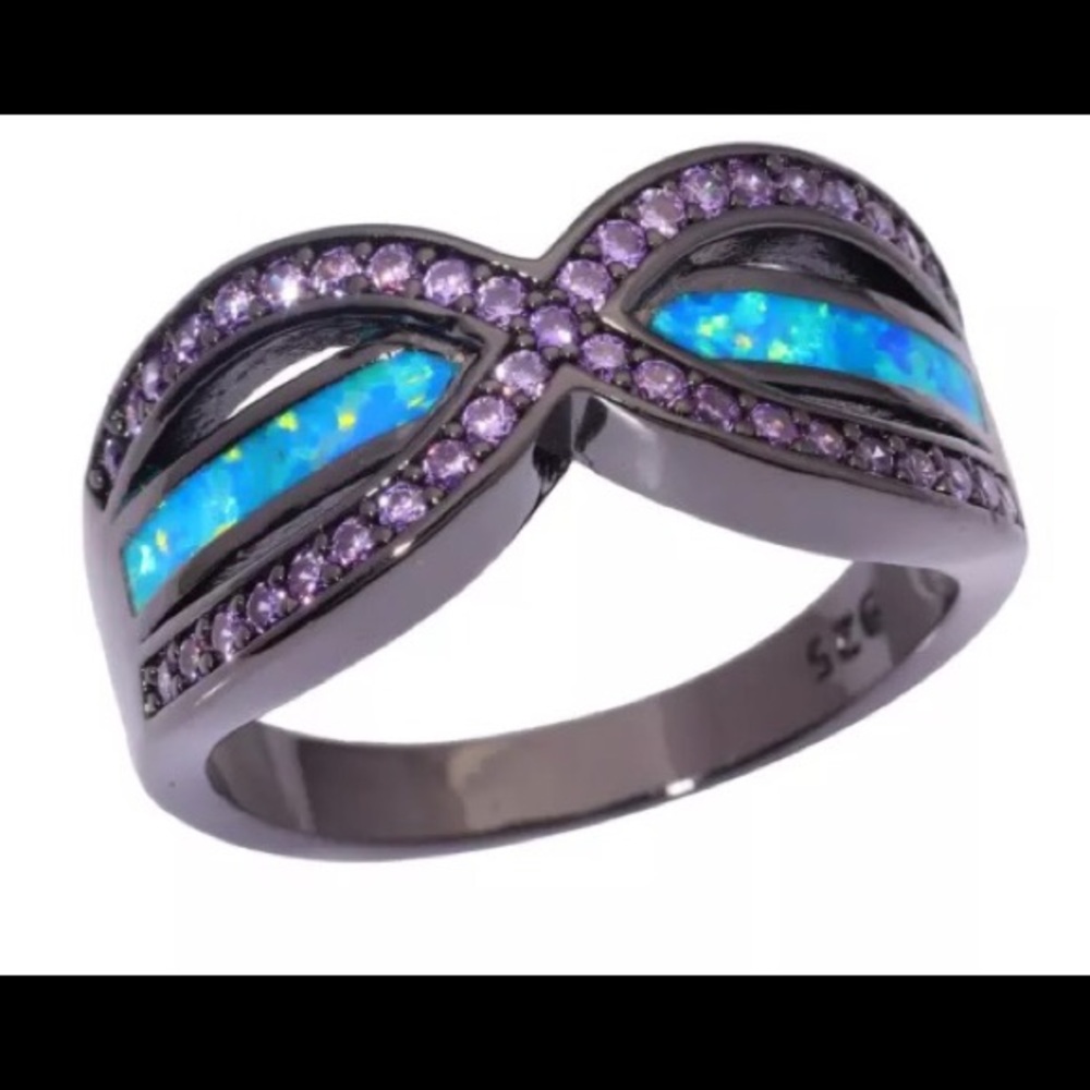 Blue fire opal purple amethyst stone black gf ring