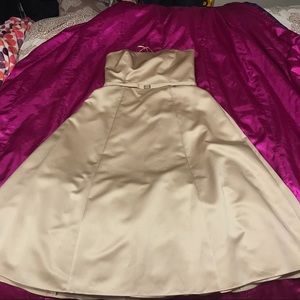 Beige satin strapless prom dress
