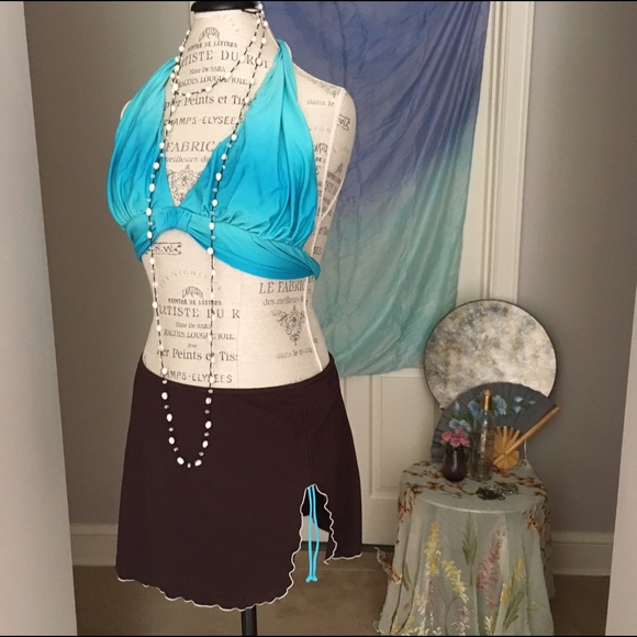 🚫Donated🌪🚫Brown & Aqua Fringe BathingSuit Skirt - Picture 1 of 4