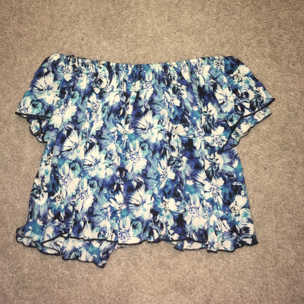 Off the shoulder blue floral flowy shirt