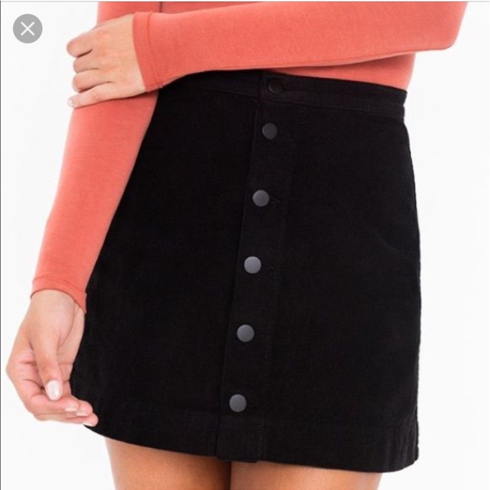 American Apparel black denim button-front skirt.